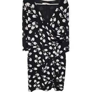 Evan-Picone 12 Large Women's Black White 3/4 Sleeve V Neck Sheath Midi Dress EUC
